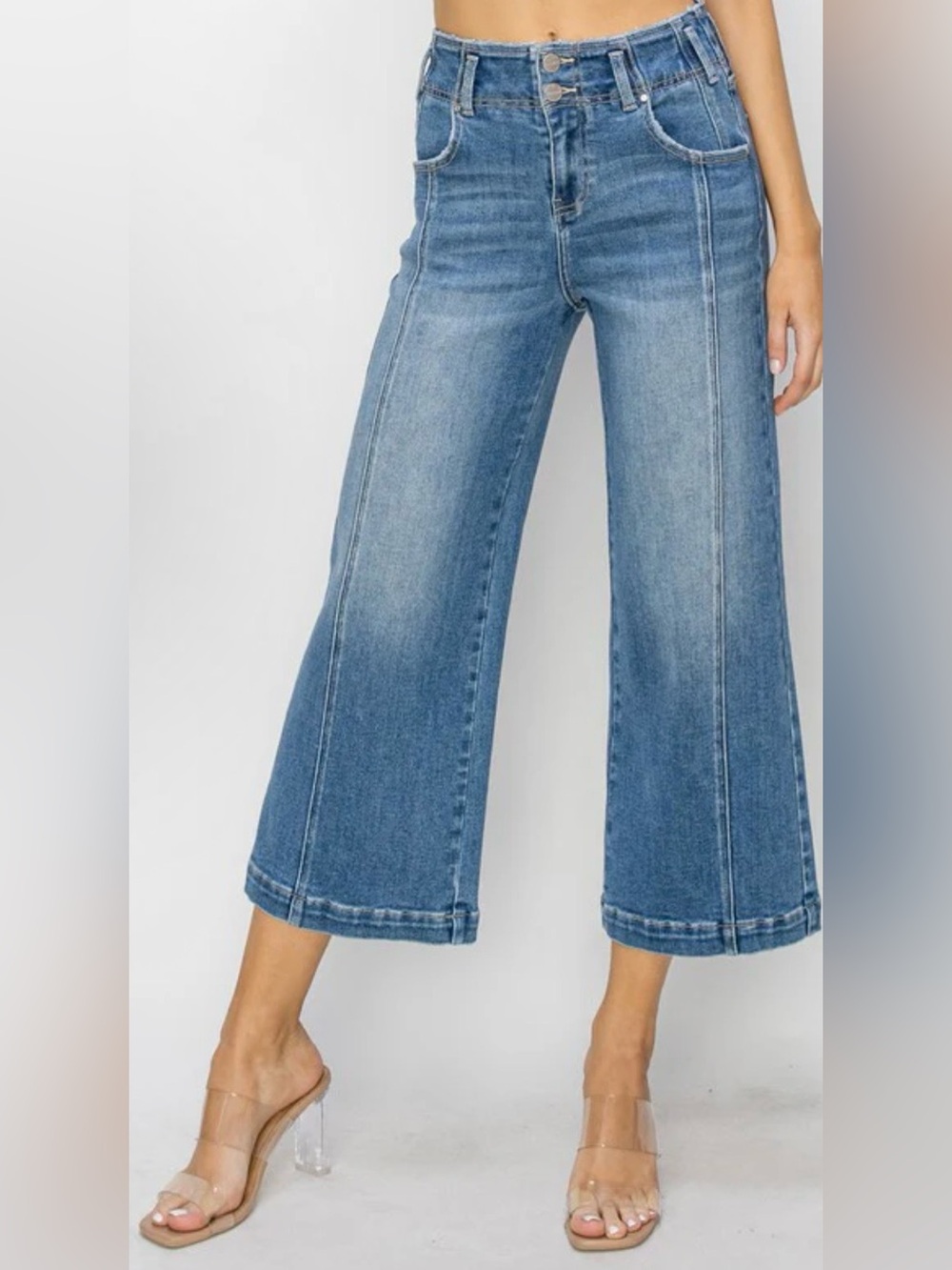 Risen High Rise Cropped Wide Leg Flare Jeans Medium Wash Size 9/29 - Picture 2 of 15